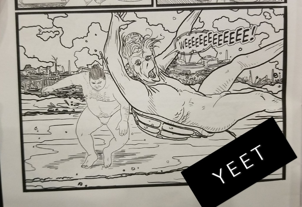 Image ID: A single panel, Nob, dressed down to a loincloth for sumo wrestling, throws the kappa from the beach into the water. The kappa is sprawled in the air shouting "Weeeeeeeeee!" The Snapchat captain reads "Yeet" in all caps. End ID. 
