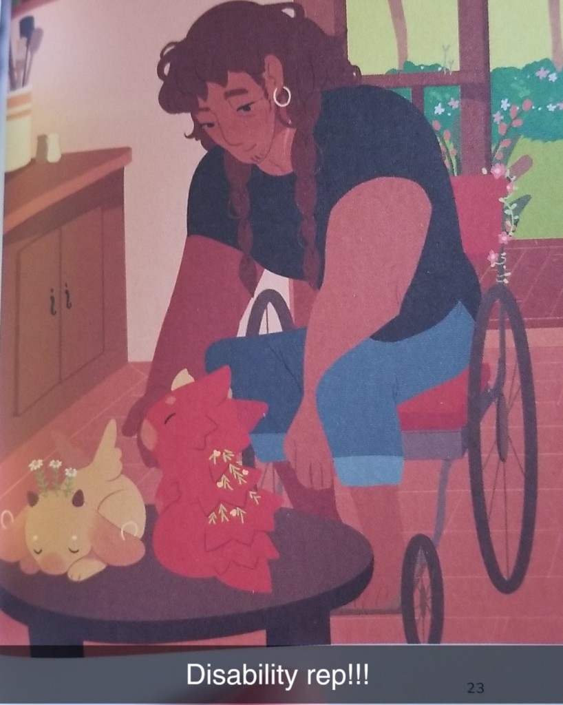 Image ID:  Erik, a man with long hair, scars, and an earring sits in a wheelchair and is petting Roiboos, a spiky red tea dragon with flowers growing between his spikes, who is seated on a low table. Next to Roiboos is another sleeping tea dragon, this is Chamomile, they are yellow, with long floppy ears two short horns and between those horns are chamomile flowers. The Snapchat caption reads, "Disability rep!!!" End ID. 