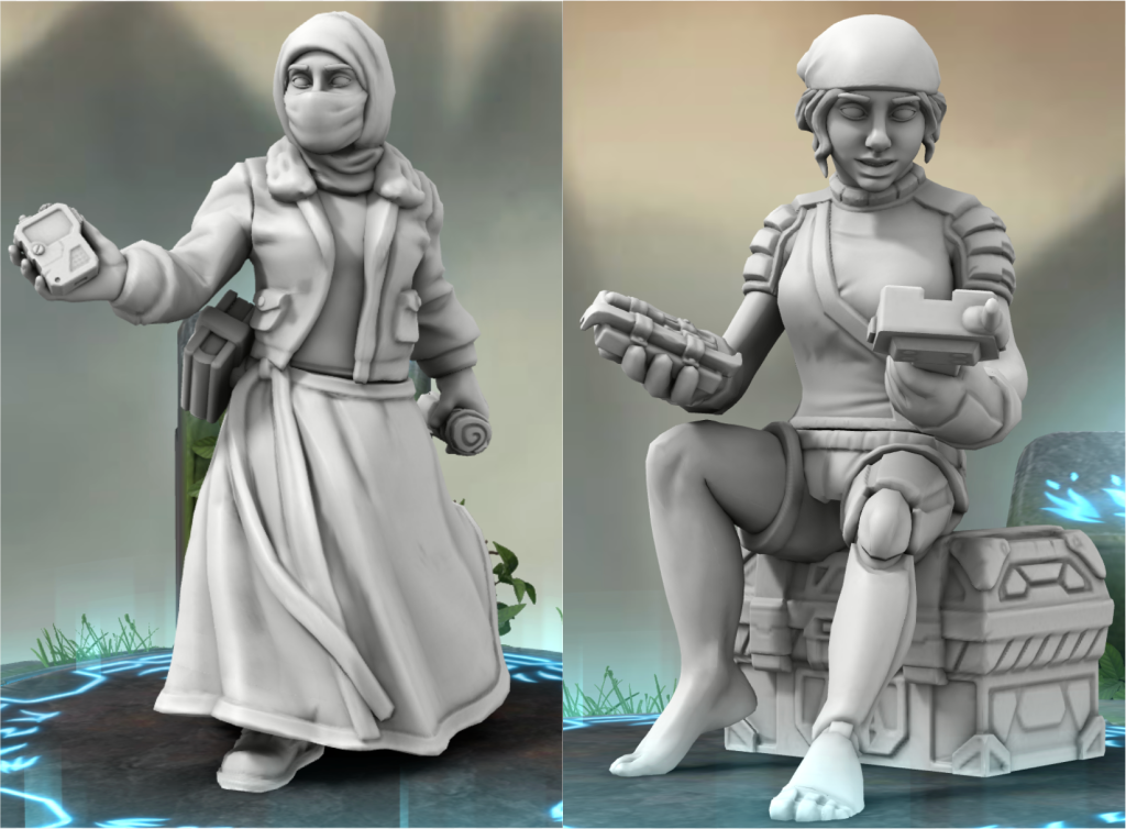 Image ID: Two grey models of tabletop minis of my Veil character Chava. The first is walking, in full tzunis dress, long skirt, turtleneck, bomber jacket, and full cover headscarf along with a face mask. She is holding a tri-corder-esque device in one hand and a scroll in the other, and has a book belted to her hip. The second model of the character is seated on a chest in shorts, a t-shirt and a looser headscarf with some hair showing. She is holding a wrench and another device, performing maintenance on a robotic leg. End ID. 